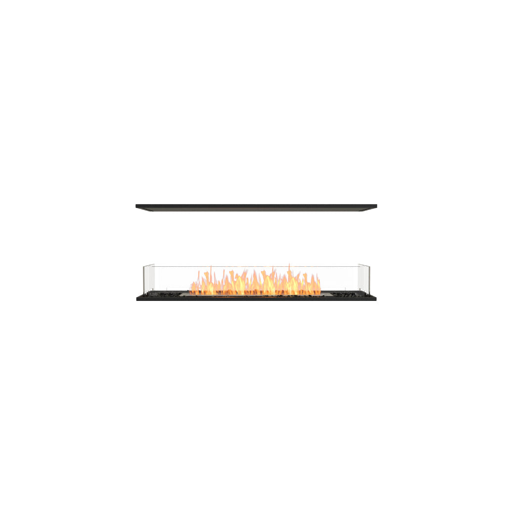 EcoSmart Fire Flex 50 bioethanol fireplace with a black frame, glass side panels, and orange flames on a white background.