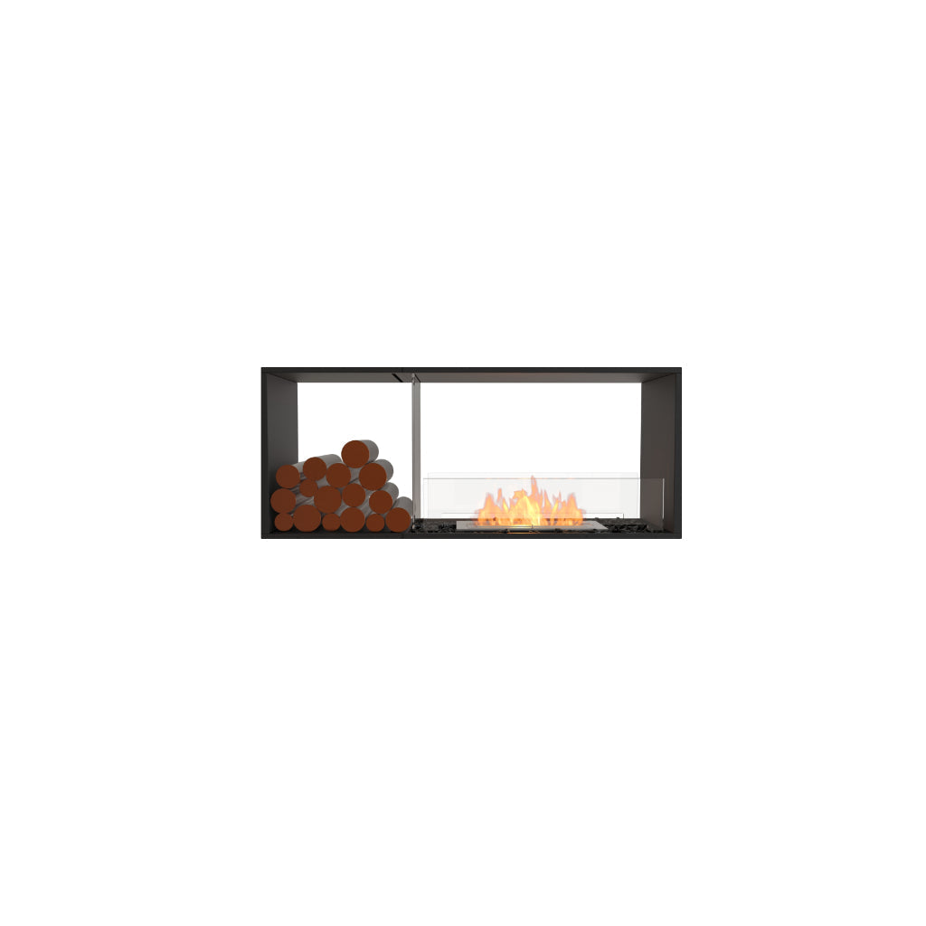 EcoSmart Fire Flex 50 bioethanol fireplace with a black frame, glass screen, orange flames, and decorative logs.
