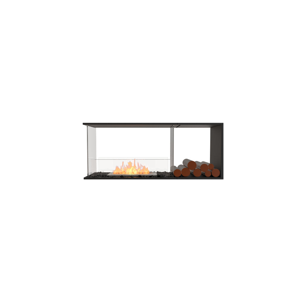 EcoSmart Fire Flex 50 bioethanol fireplace with a black frame, glass screen, orange flames, and decorative logs.