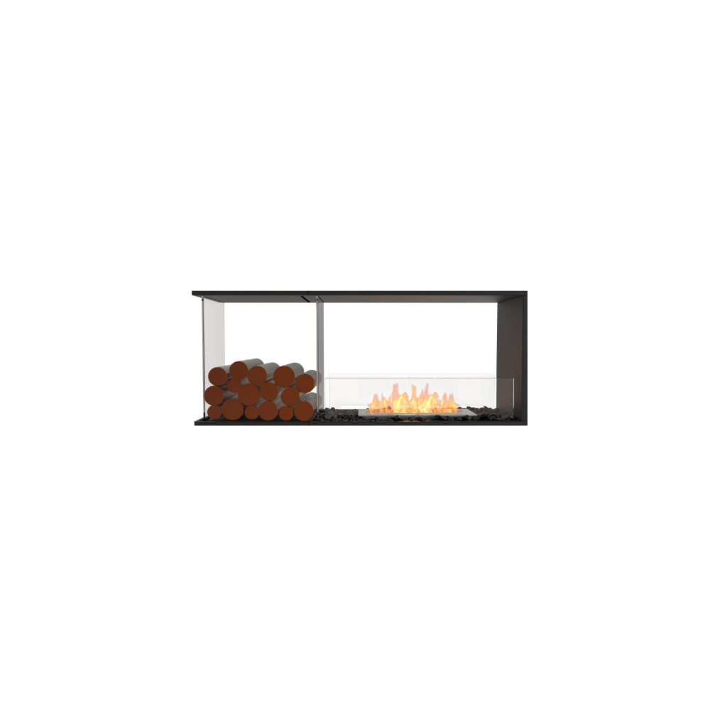 EcoSmart Fire Flex 50 black fireplace insert with a glass screen, burning flames, and a stack of decorative logs.