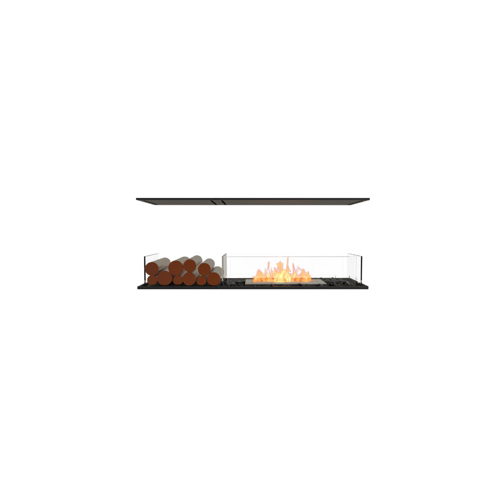 EcoSmart Fire Flex 50 bioethanol fireplace with a black frame, glass side panels, decorative logs, and a central flame.