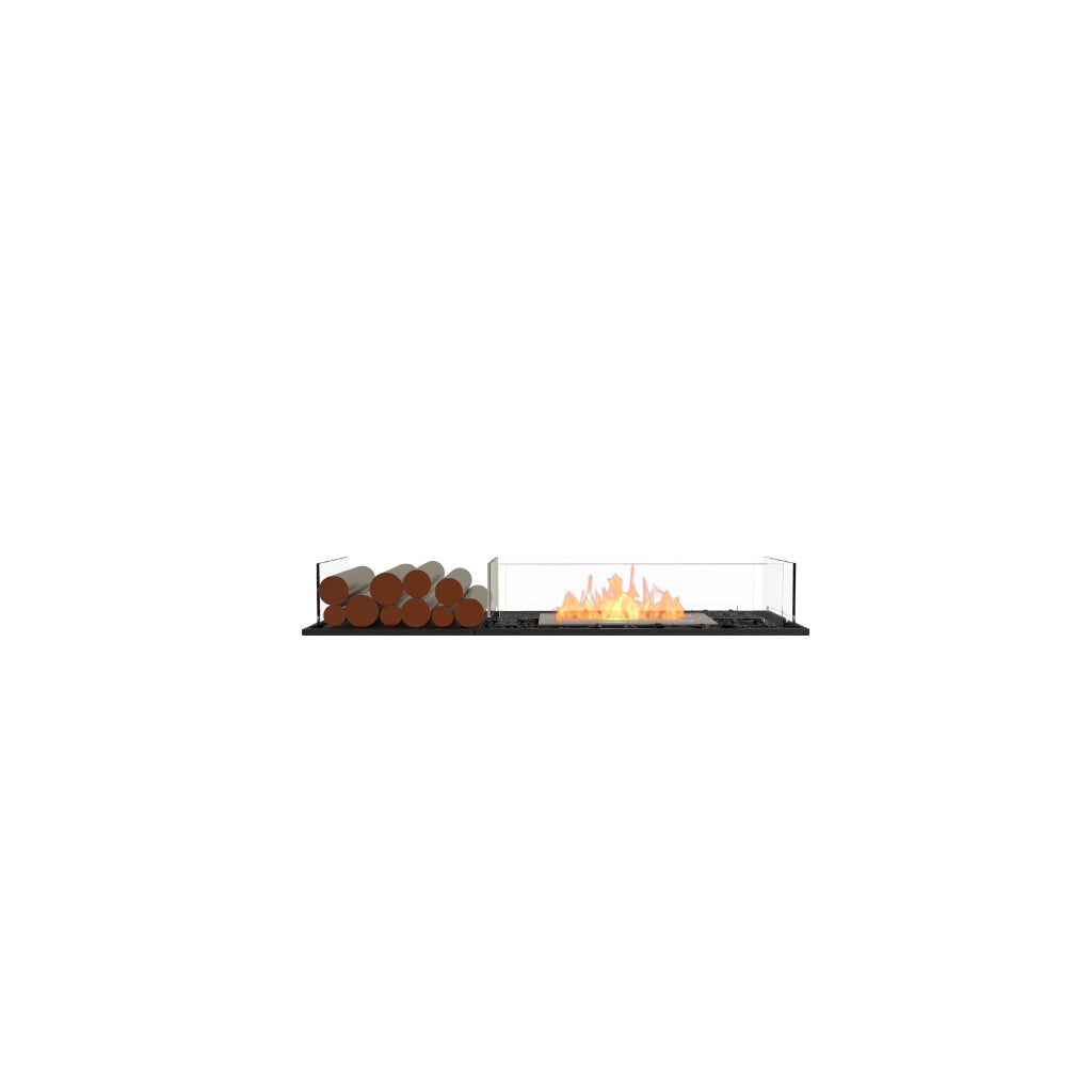 EcoSmart Fire Flex 50 bioethanol fireplace with a black base, glass sides, decorative logs, and a central flame.