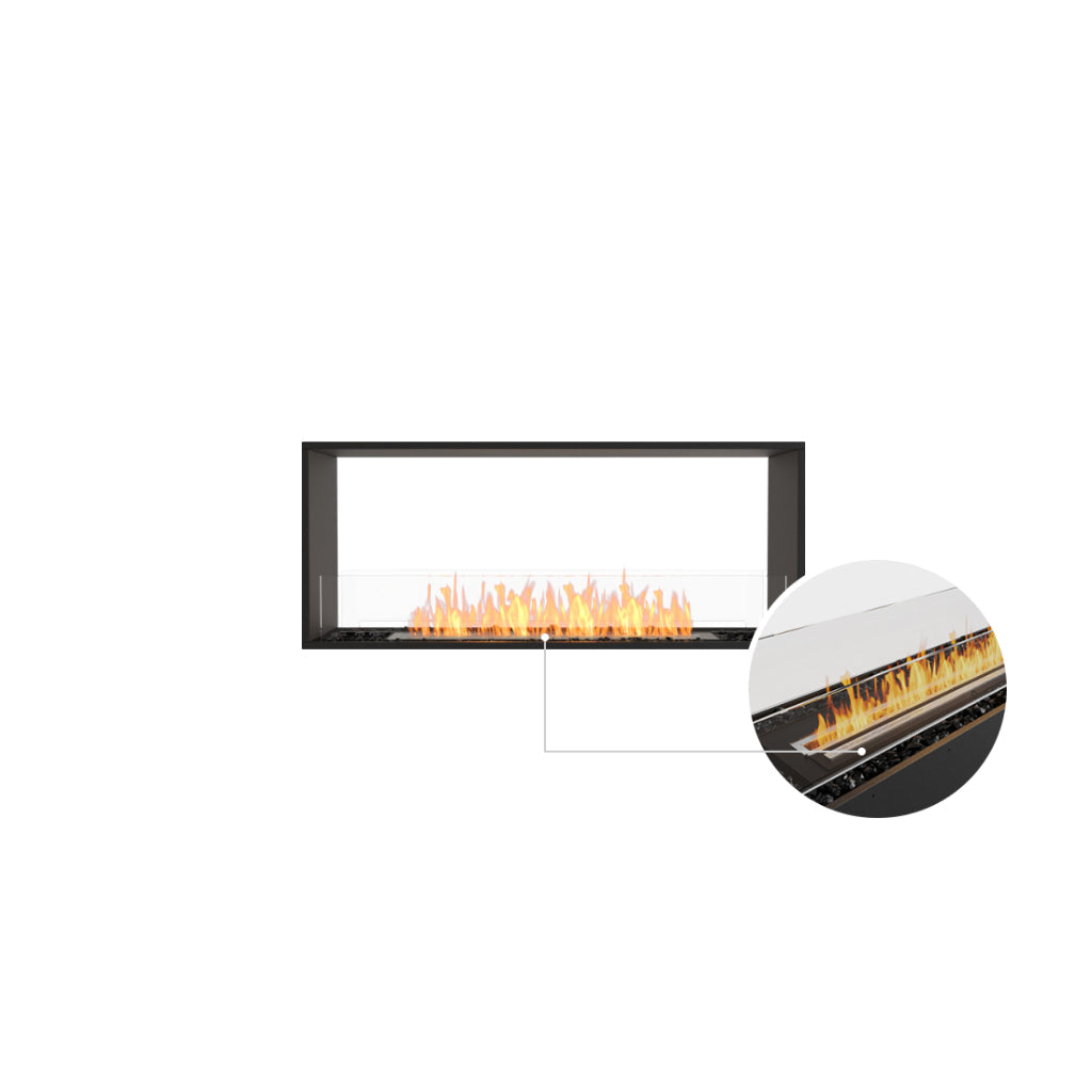 EcoSmart Fire Flex 50 bioethanol fireplace with a black frame, glass screen, and a close-up of the burner flame.