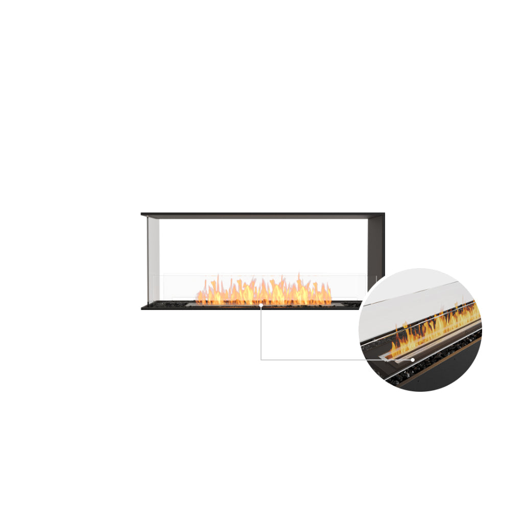 EcoSmart Fire Flex 50 bioethanol fireplace with black frame, glass sides, and a close-up of the burning flame burner.