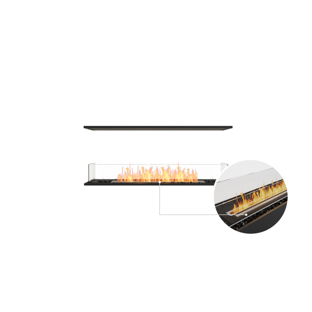 EcoSmart Fire Flex 50 bioethanol fireplace with a black frame, glass screen, and a zoomed-in view of the burner flame.