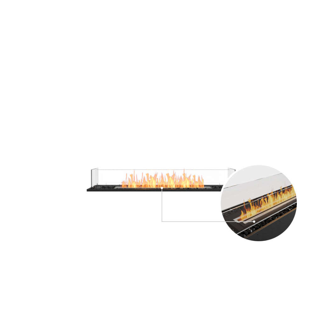 EcoSmart Fire Flex 50 bioethanol fireplace with a linear flame, glass screen, and a zoomed-in view of the burner.