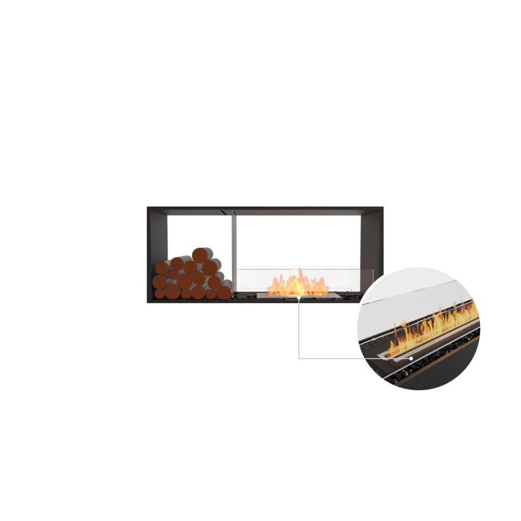 EcoSmart Fire Flex 50 insert with a black frame, stacked logs, and a glass-enclosed burner with orange flames.
