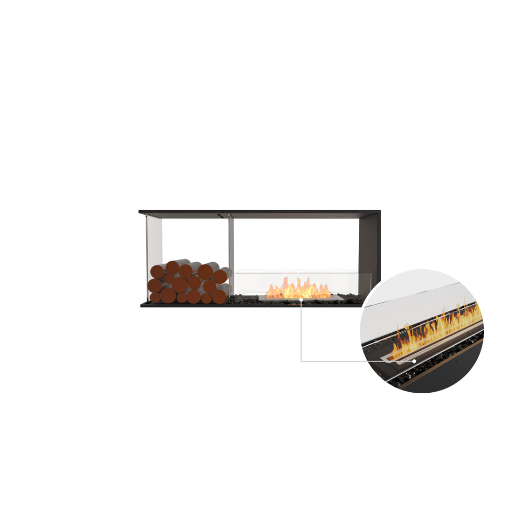 EcoSmart Fire Flex 50 bioethanol fireplace with black frame, glass screen, decorative logs, and burner detail inset.