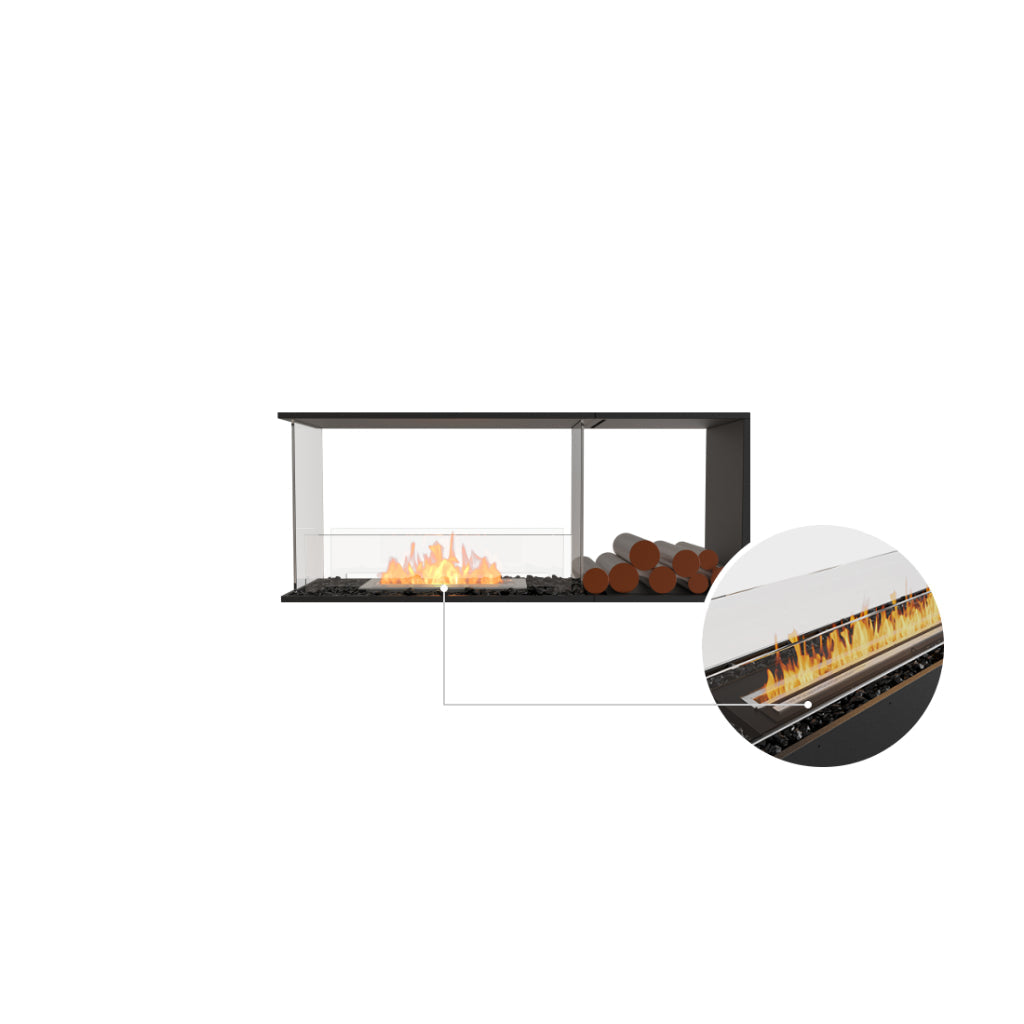 EcoSmart Fire Flex 50 bioethanol fireplace with a black frame, glass screen, decorative logs, and a close-up burner detail.
