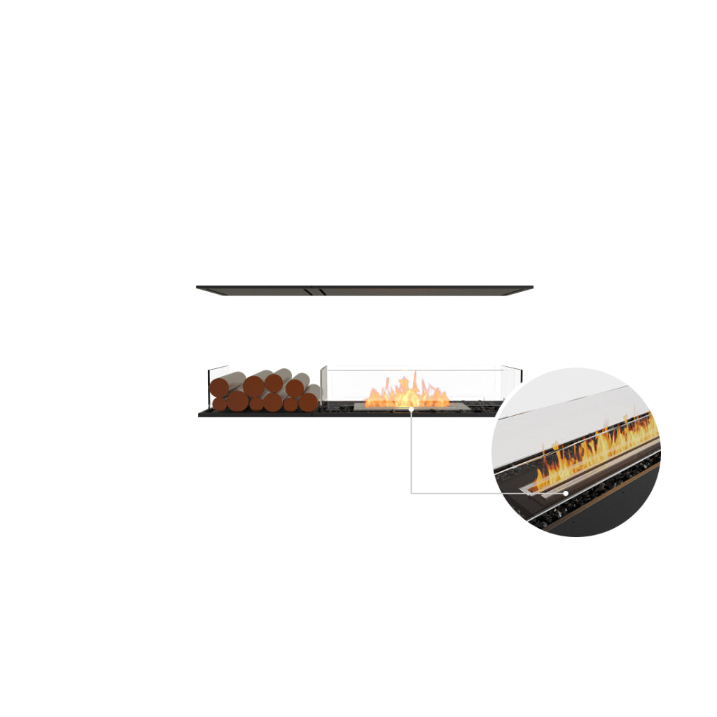 EcoSmart Fire Flex 50 Bioethanol Fireplace Insert with glass screens, decorative logs, and a close-up of the burner.