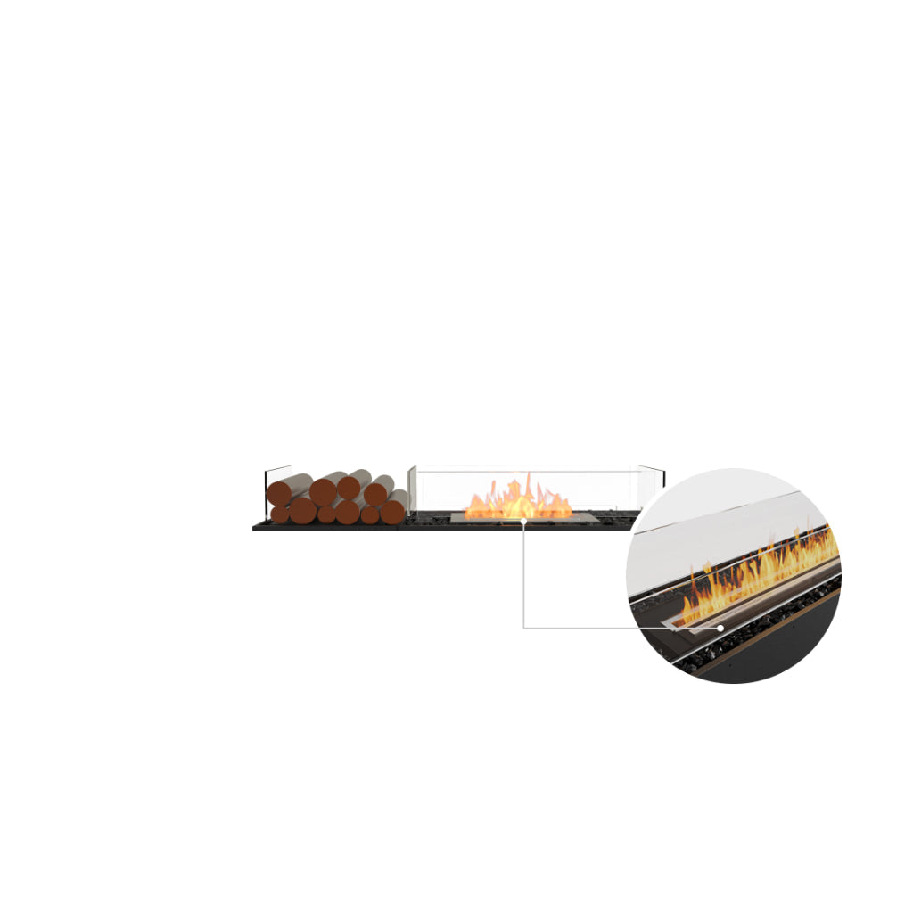 EcoSmart Fire Flex 50 bioethanol fireplace with glass sides, decorative logs, and a close-up of the burner flame.