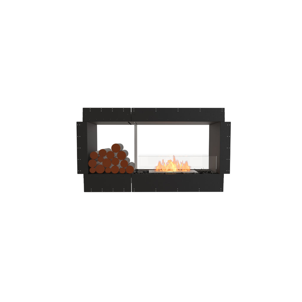 EcoSmart Fire Flex 50 bioethanol fireplace with a black frame, glass screen, and decorative logs on a white background.