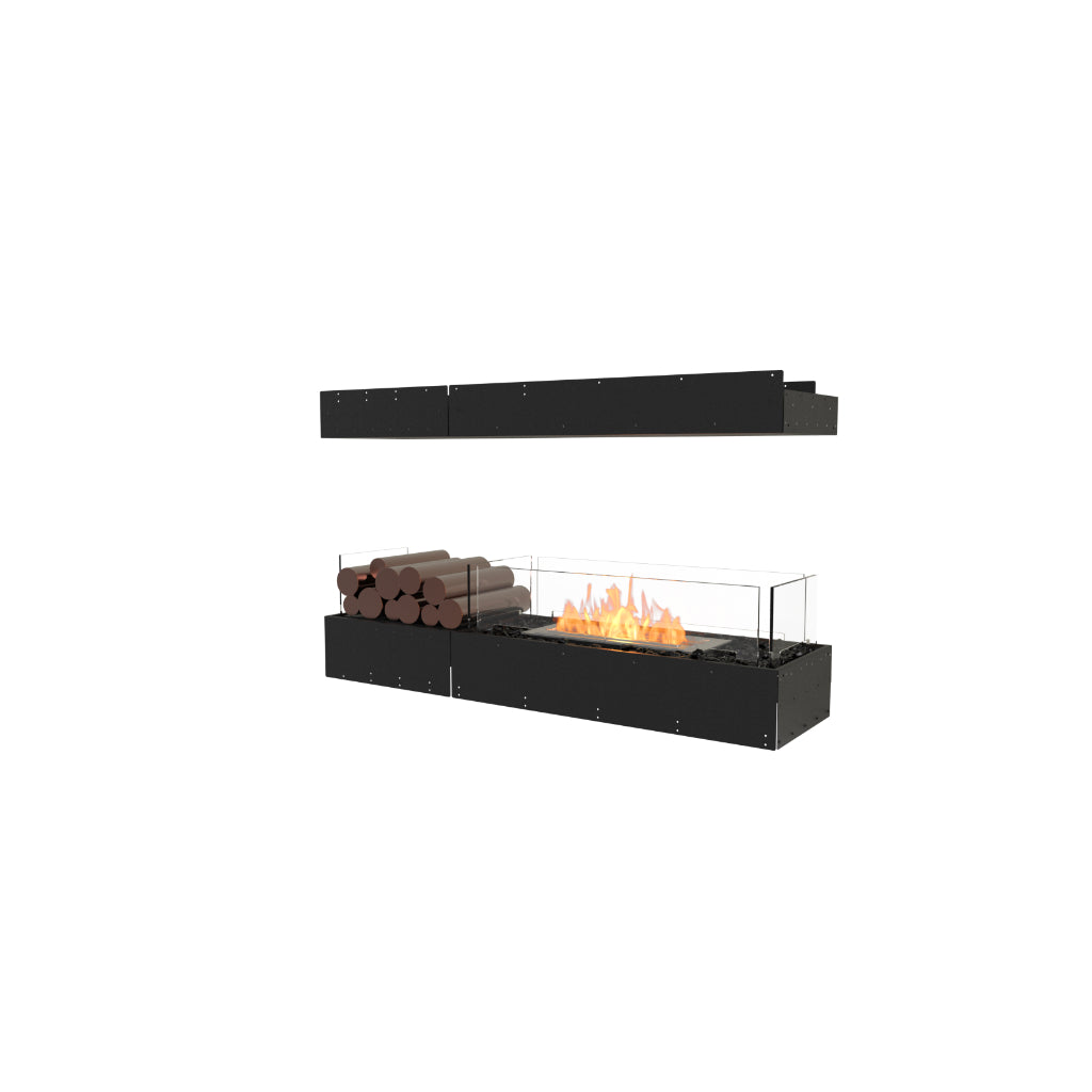EcoSmart Fire Flex 50 bioethanol fireplace with a black frame, glass screen, burning flames, and decorative logs.