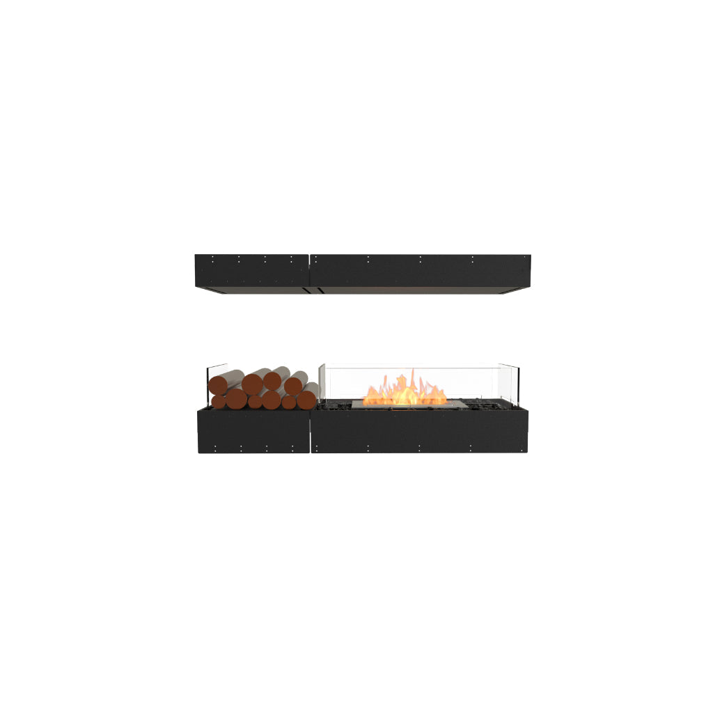 EcoSmart Fire Flex 50 bioethanol fireplace with a black frame, glass screen, burning flames, and decorative logs.