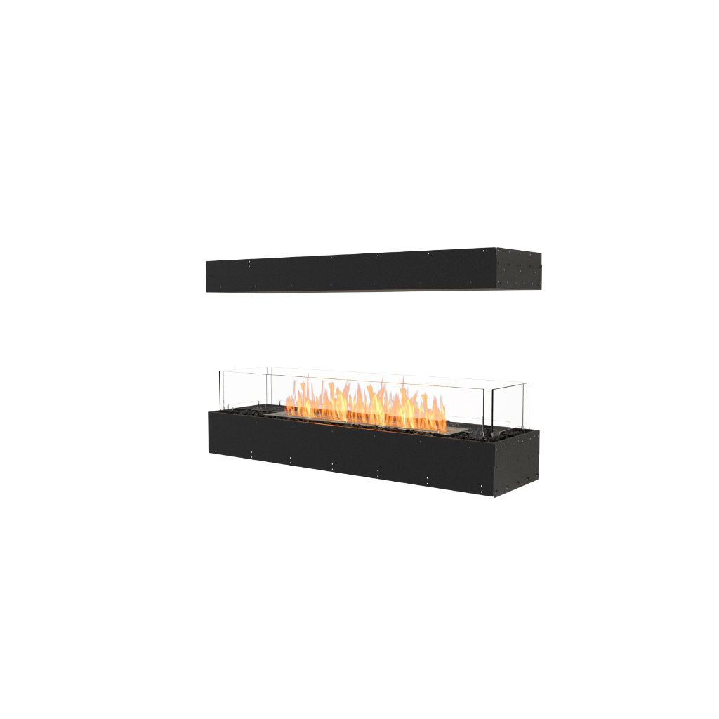 EcoSmart Fire Flex 50 bioethanol fireplace with a black metal frame, glass screen, and orange flames.