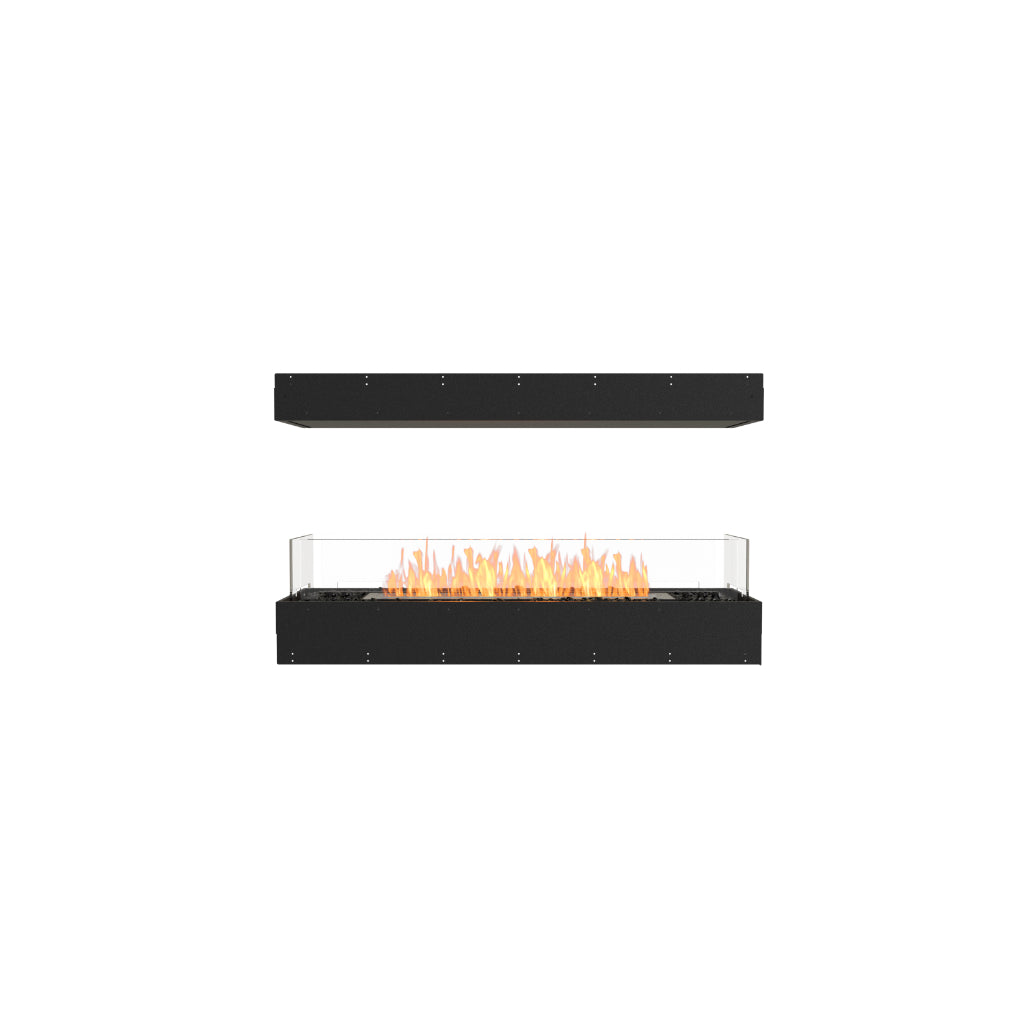 EcoSmart Fire Flex 50 bioethanol fireplace with a black frame, glass screen, and glowing orange flames.