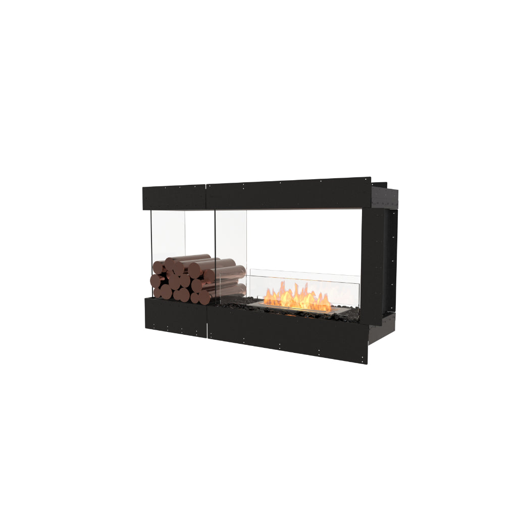 EcoSmart Fire Flex 50 bioethanol fireplace with a black frame, glass sides, and a decorative log stack.
