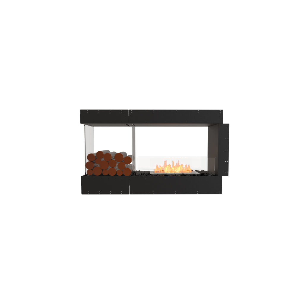 EcoSmart Fire Flex 50 bioethanol fireplace with a black frame, glass screen, orange flames, and decorative logs.
