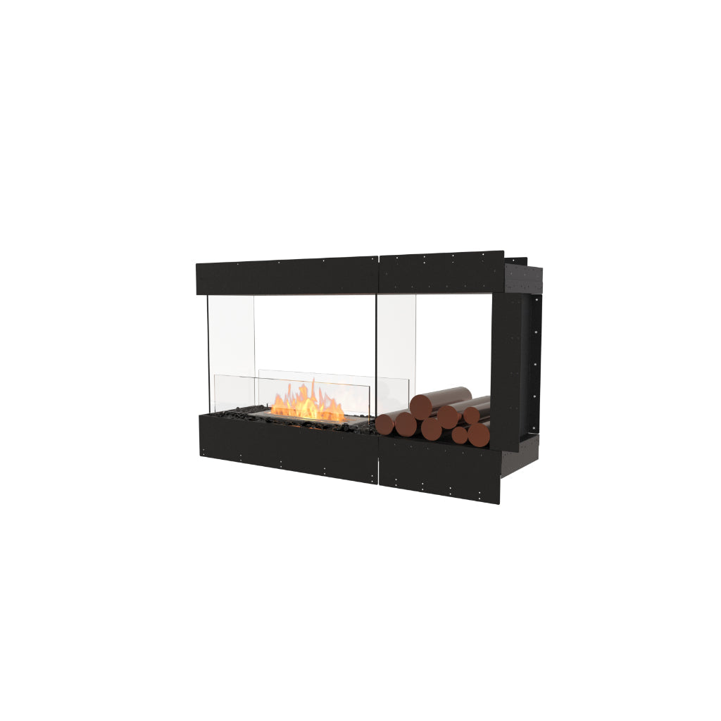 EcoSmart Fire Flex 50 bioethanol fireplace with a black frame, glass sides, burning flames, and decorative logs.