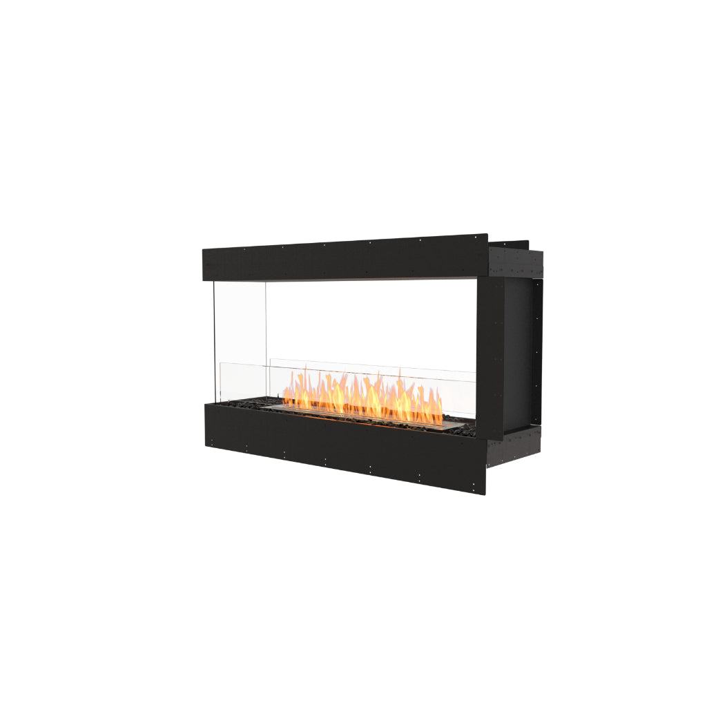 EcoSmart Fire Flex 50 bioethanol fireplace insert with a black frame, glass side panels, and a linear orange flame.