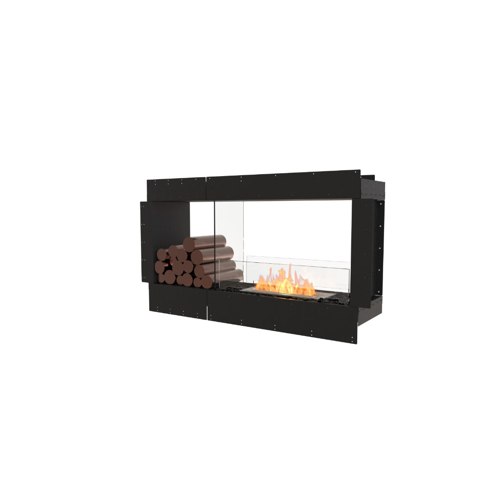 EcoSmart Fire Flex 50 bioethanol fireplace with a black frame, glass screen, and decorative logs on a white background.