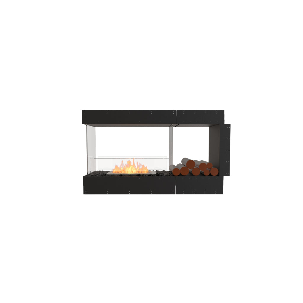 EcoSmart Fire Flex 50 black metal fireplace insert with a glass-enclosed flame and side log storage compartment.