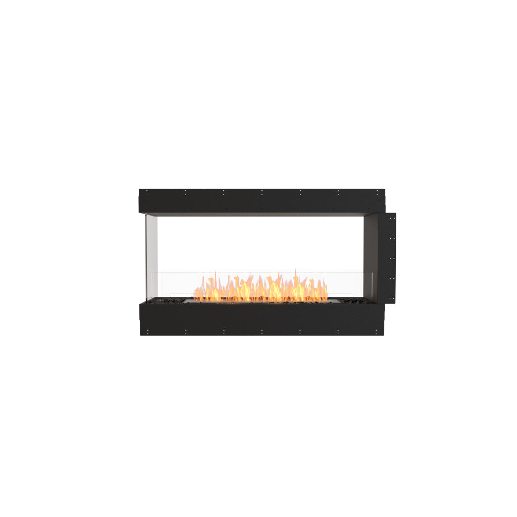 EcoSmart Fire Flex 50 bioethanol fireplace insert with a black frame, glass side panels, and a visible orange flame.
