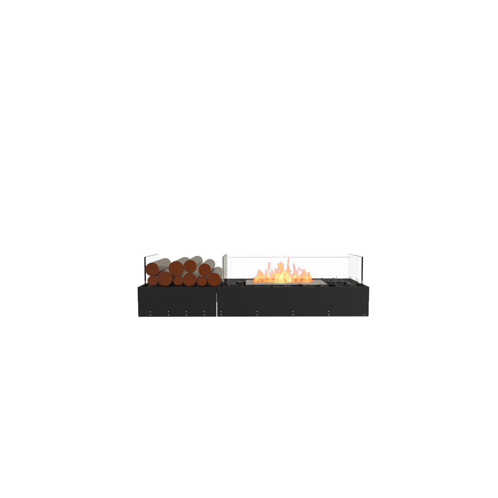 EcoSmart Fire Flex 50 bioethanol fireplace with a black base, glass screen, and decorative logs on a white background.