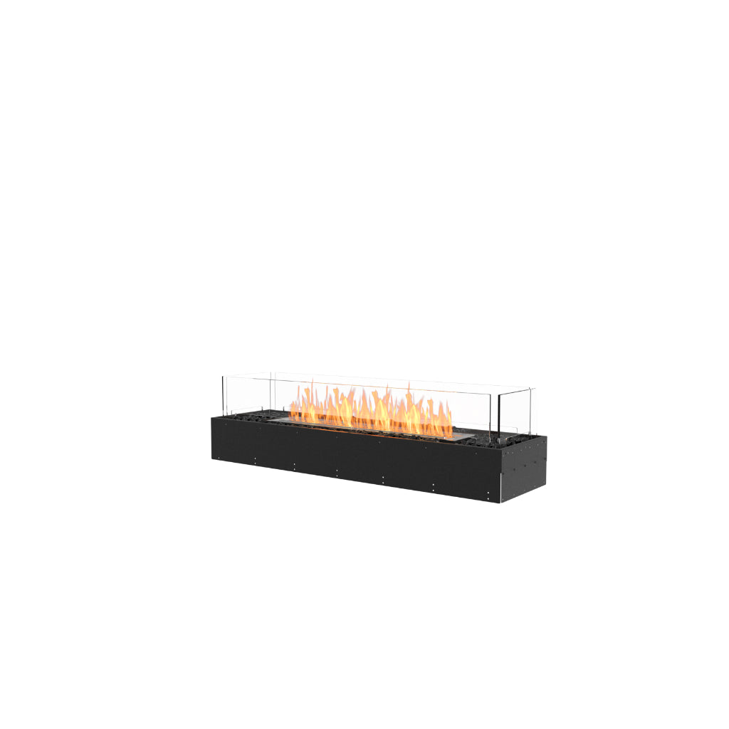 EcoSmart Fire Flex 50 bioethanol fireplace with a black rectangular base, glass screen, and orange flames.