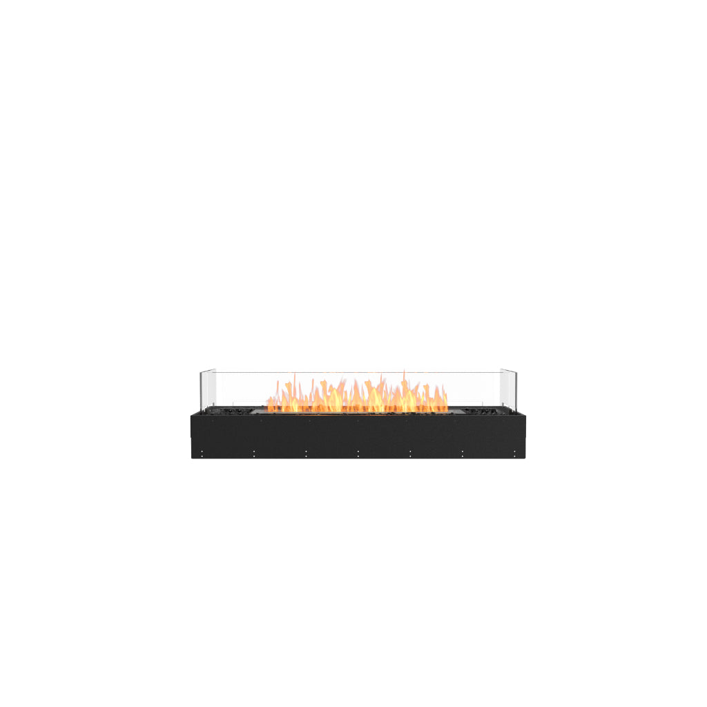 EcoSmart Fire Flex 50 bioethanol fireplace with a black rectangular frame, glass side panels, and orange flames.