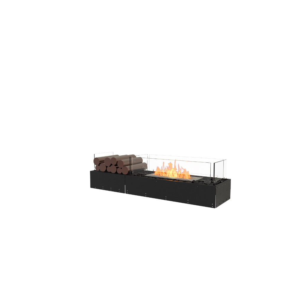 EcoSmart Fire Flex 50 bioethanol fireplace with a black metal base, glass screen, and decorative logs.