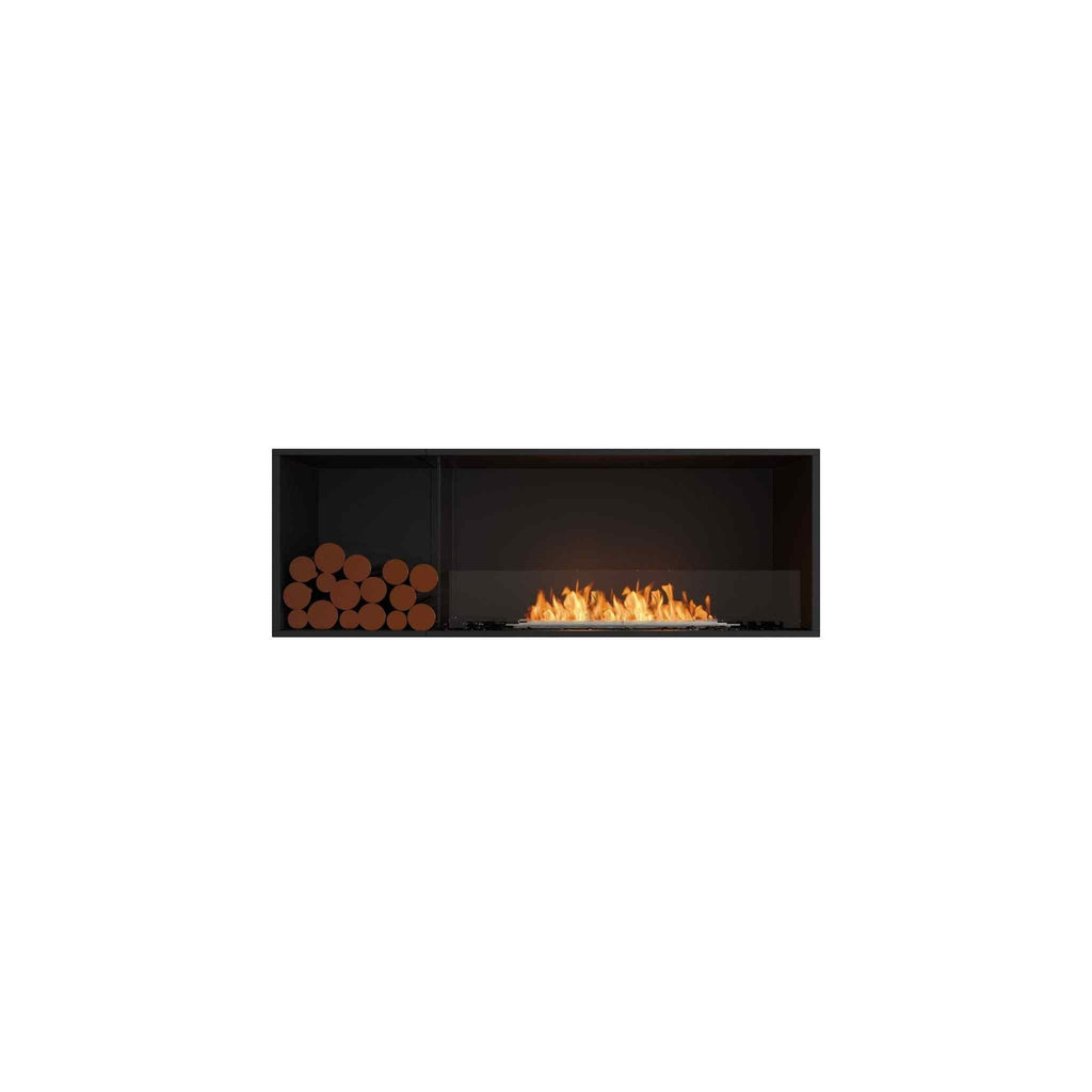 EcoSmart Fire Flex 60 bioethanol fireplace with a black frame, glass screen, and decorative logs on the left.