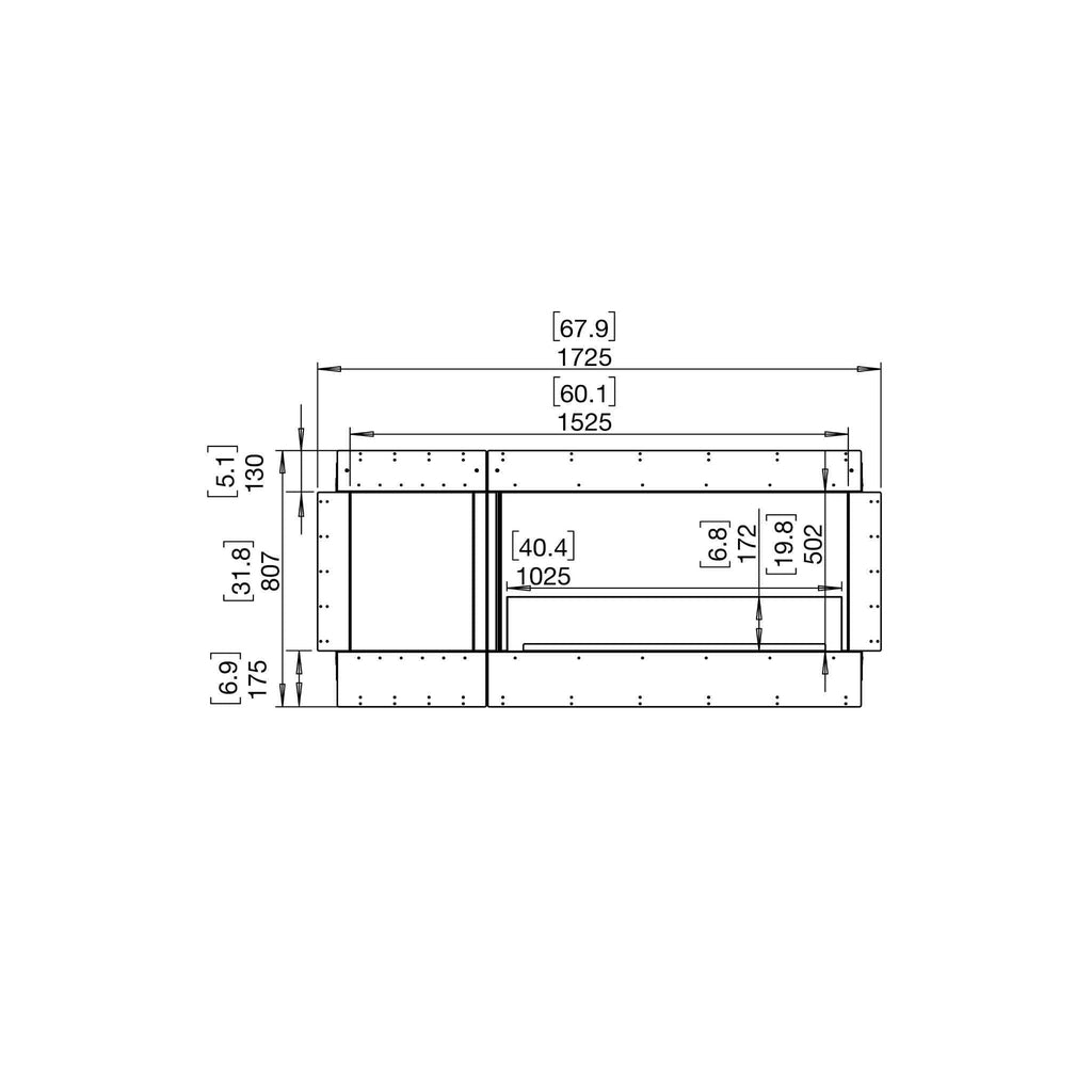 Technical line drawing of the EcoSmart Fire Flex 60 fireplace insert showing front elevation and dimensions.
