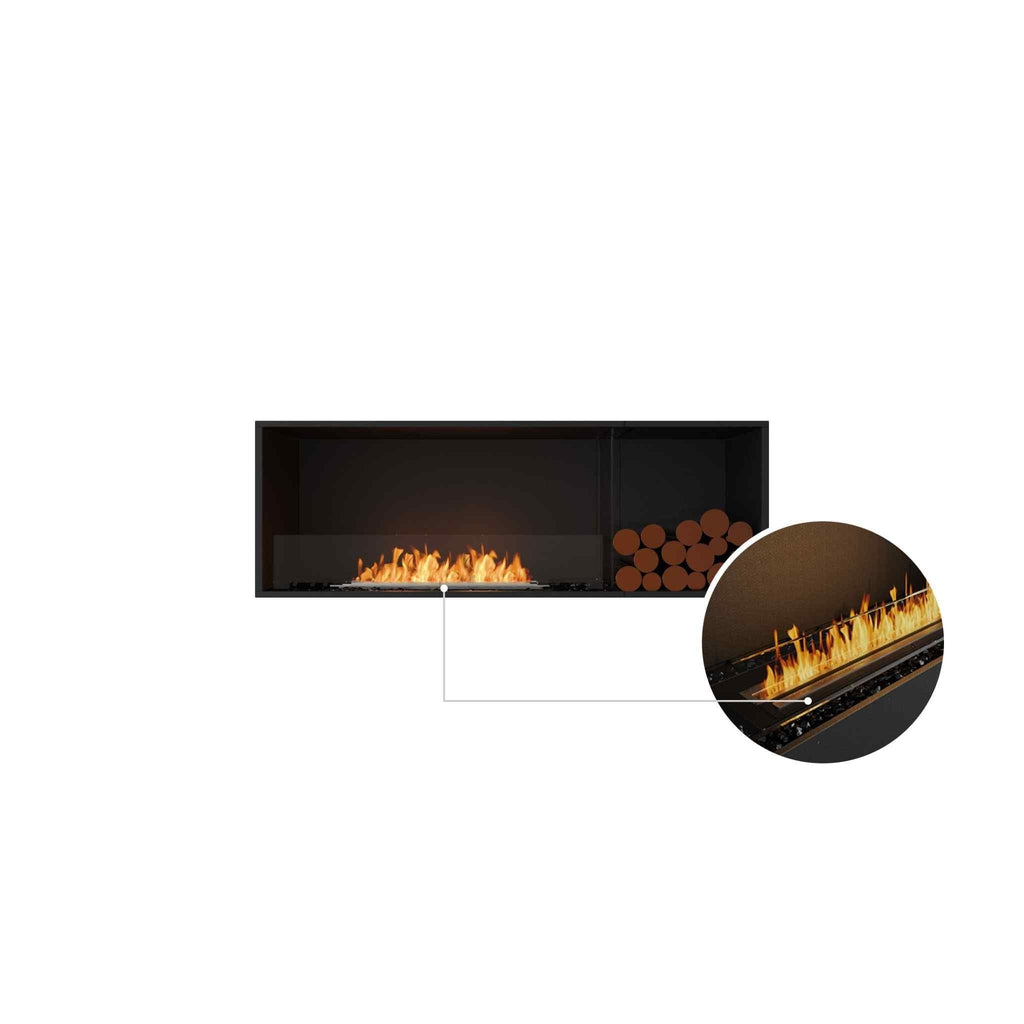 EcoSmart Fire Flex 60 bioethanol fireplace with a black interior, glass screen, and decorative logs, plus a close-up view.