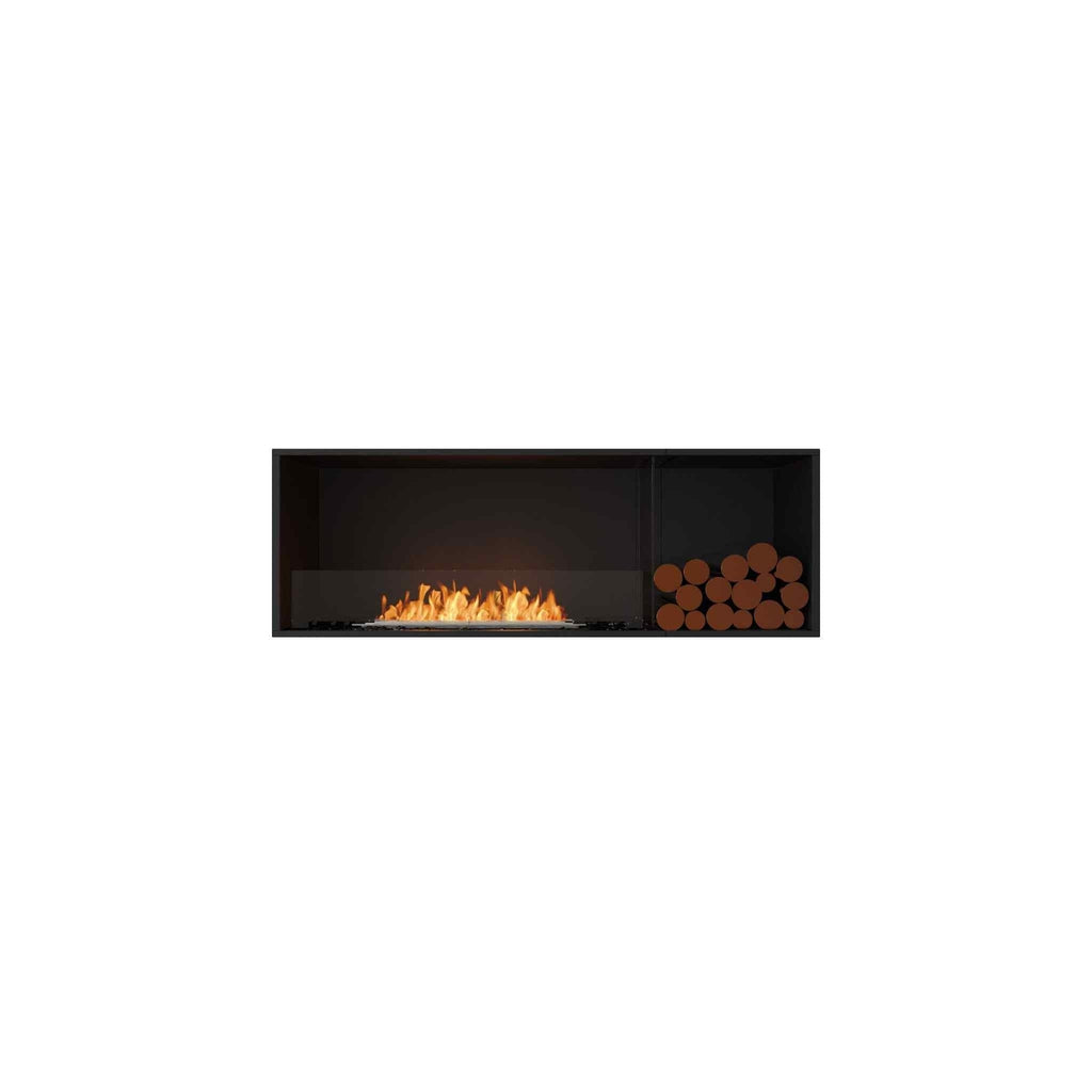EcoSmart Fire Flex 60 bioethanol fireplace with a black frame, glass screen, dancing flames, and decorative logs.