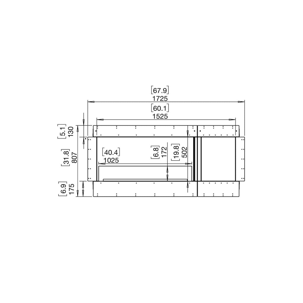 Technical line drawing of the EcoSmart Fire Flex 60 fireplace showing front elevation dimensions in millimetres.