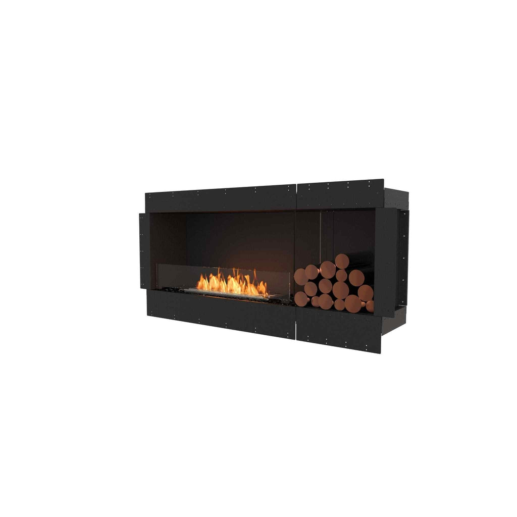 EcoSmart Fire Flex 60 bioethanol fireplace with a black frame, glass screen, orange flames, and decorative logs.