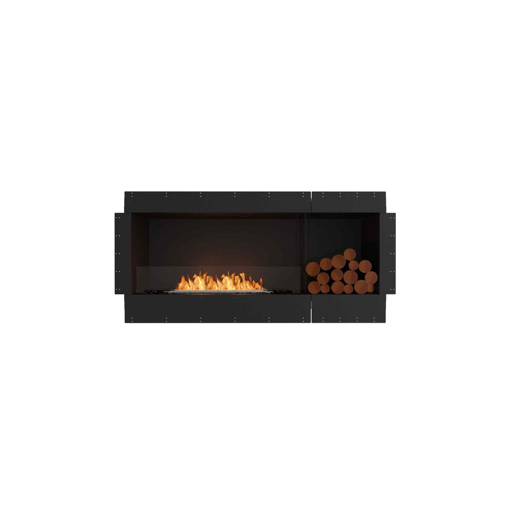 EcoSmart Fire Flex 60 bioethanol fireplace with a black frame, glass screen, orange flames, and decorative log storage.