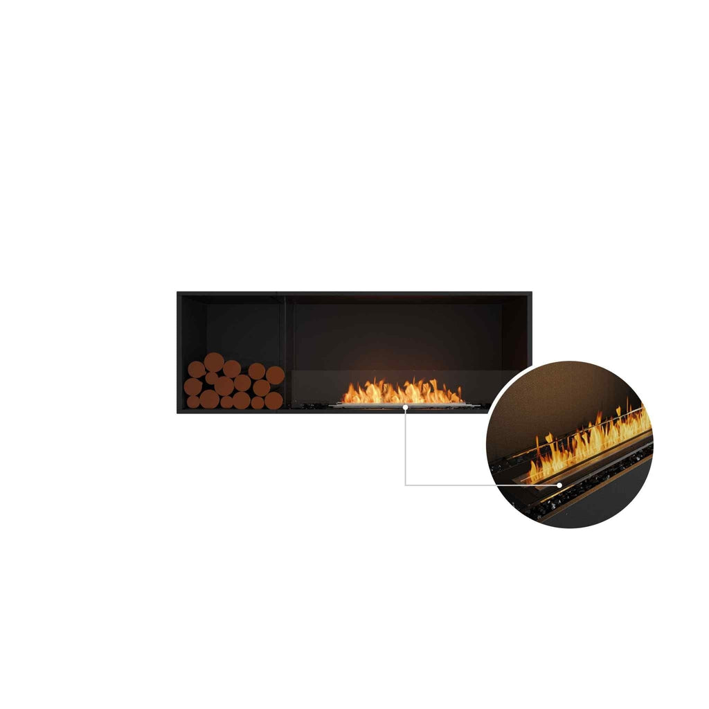 EcoSmart Fire Flex 60 bioethanol fireplace with a black frame, decorative logs, and a close-up of the burner flame.