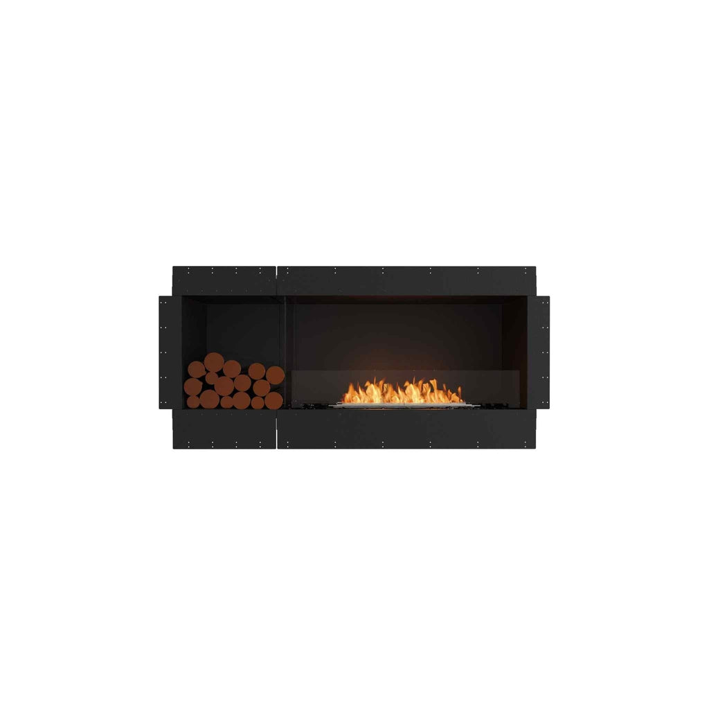 EcoSmart Fire Flex 60 bioethanol fireplace with a black frame, glass screen, and decorative logs on the left.