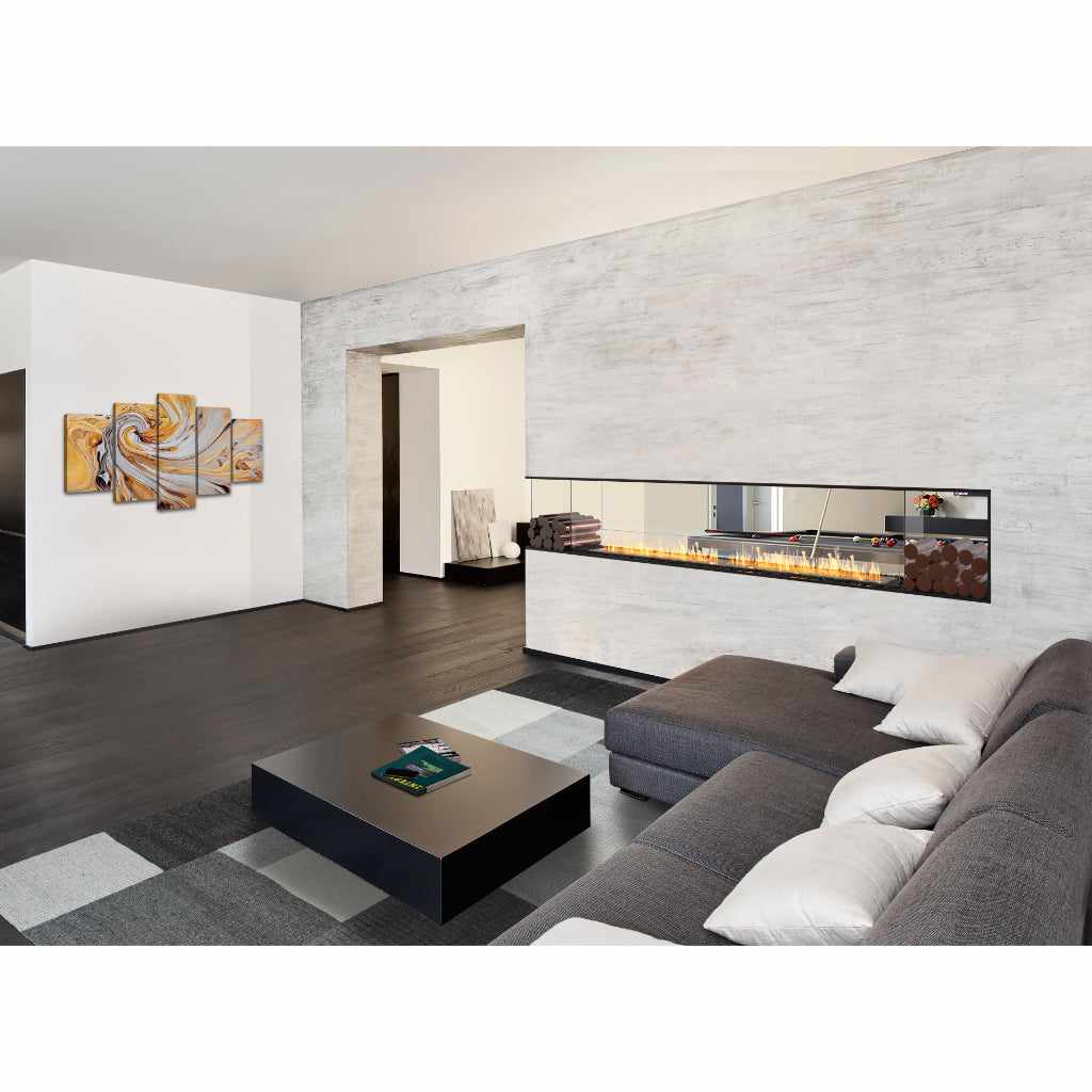 EcoSmart Fire Flex 60 bioethanol fireplace insert installed in a long, glass-fronted wall in a modern living room.