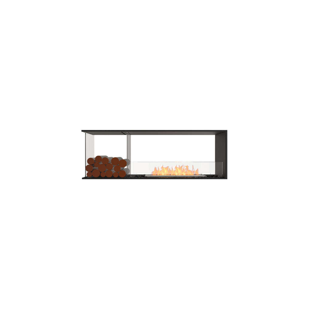 EcoSmart Fire Flex 60 bioethanol fireplace with a black frame, glass screen, orange flames, and decorative log storage.
