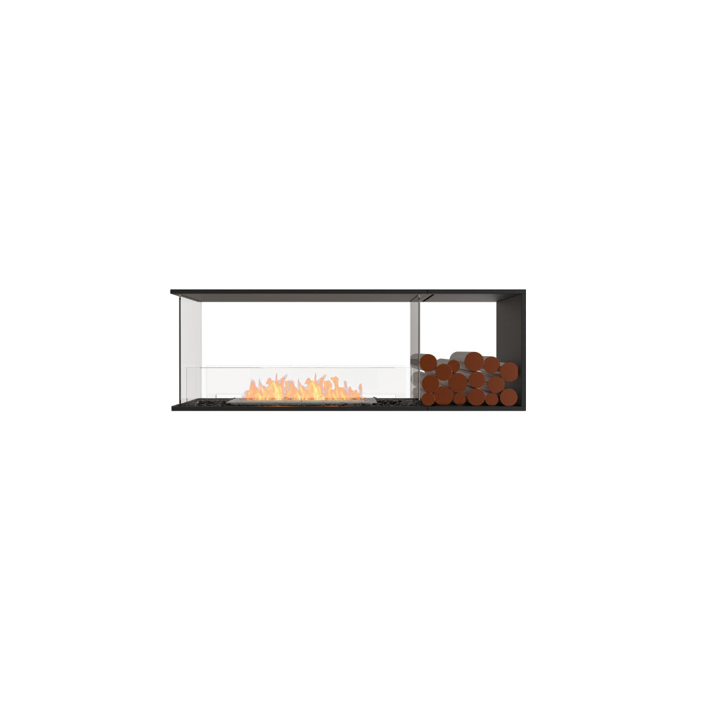 EcoSmart Fire Flex 60 bioethanol fireplace with a black frame, glass screen, orange flames, and stacked log storage.