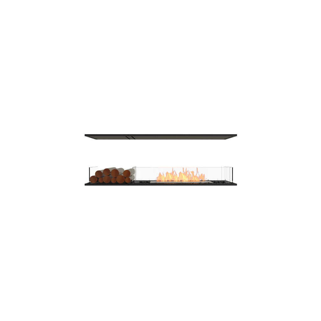 EcoSmart Fire Flex 60 bioethanol fireplace with a black frame, glass screen, glowing flames, and decorative logs.