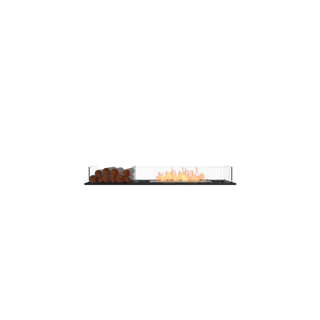 EcoSmart Fire Flex 60 bioethanol fireplace with a black base, glass sides, orange flames, and decorative logs.
