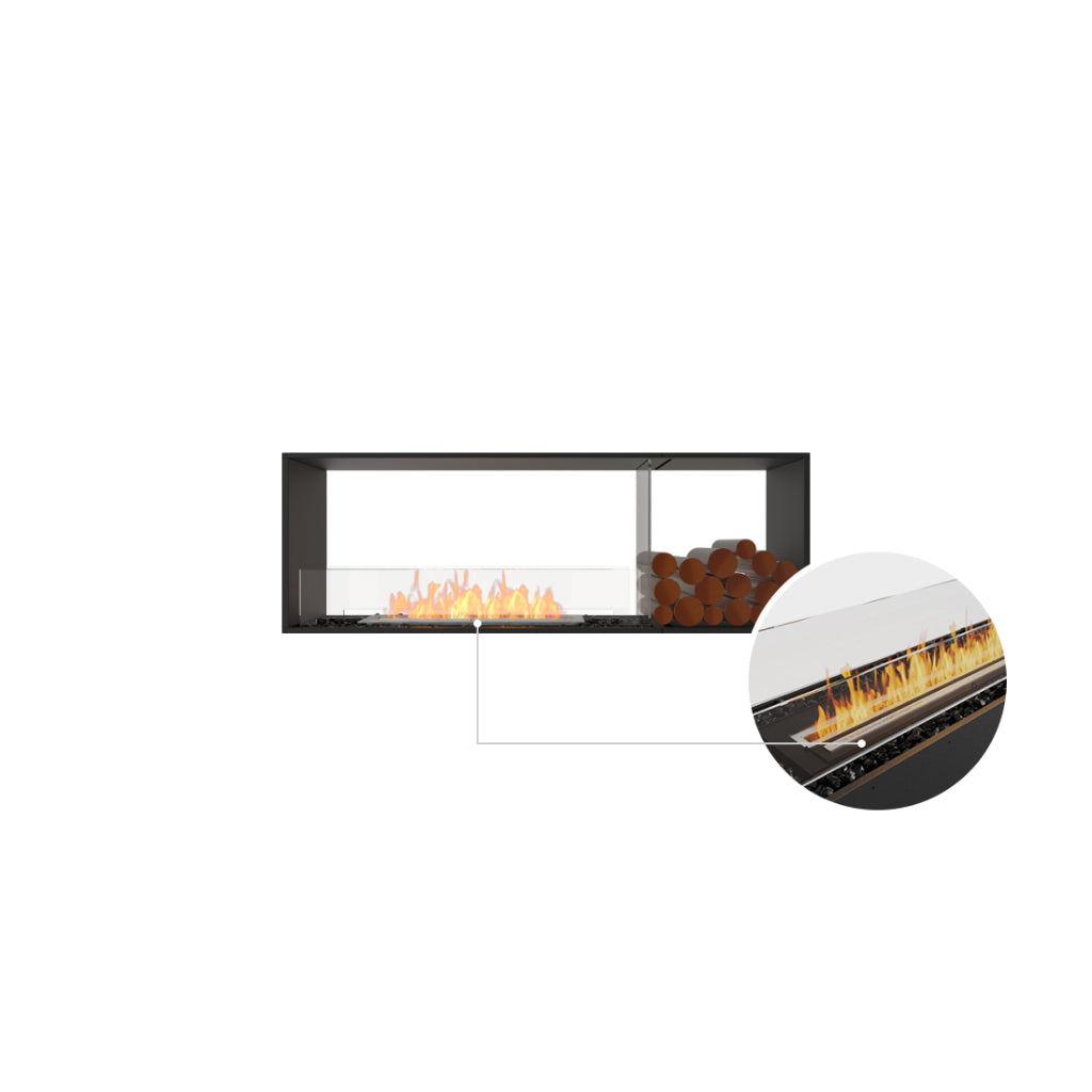 EcoSmart Fire Flex 60 bioethanol fireplace with a black frame, glass screen, and decorative logs, plus a close-up detail.