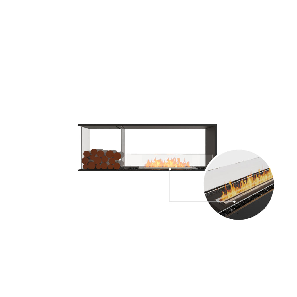 EcoSmart Fire Flex 60 bioethanol fireplace with a black frame, glass screen, log storage, and a flame close-up.