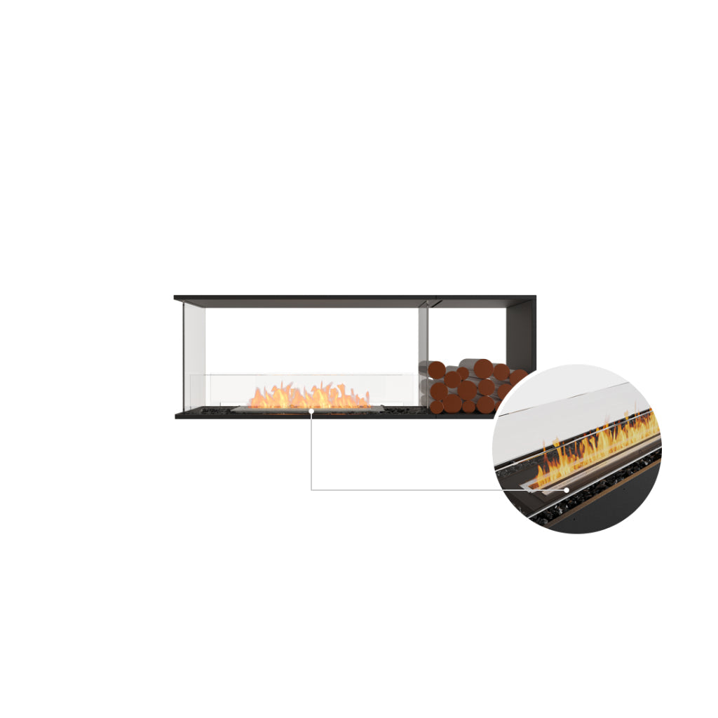 EcoSmart Fire Flex 60 bioethanol fireplace with a black frame, glass screen, and log storage, featuring a flame detail.