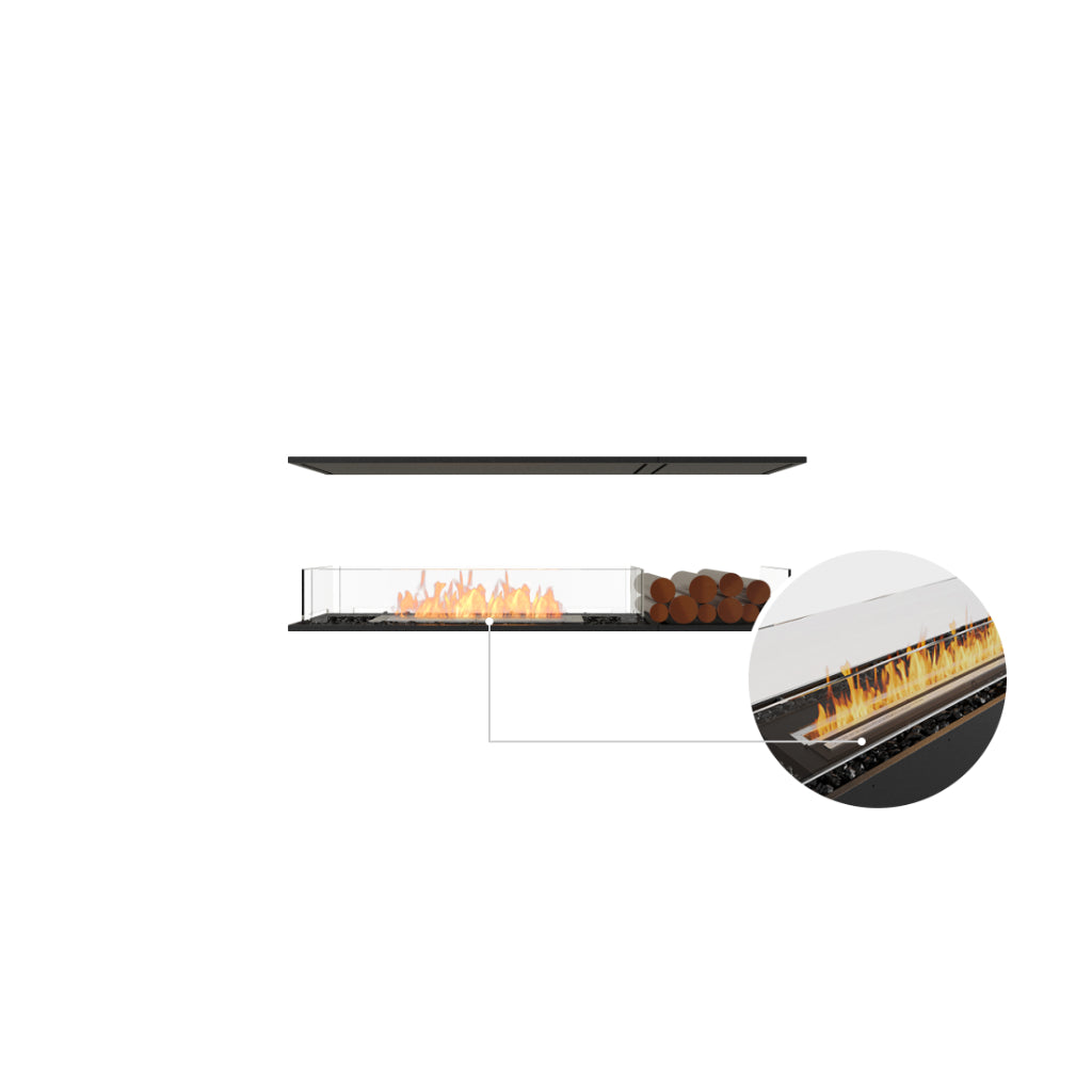 EcoSmart Fire Flex 60 bioethanol fireplace with a glass screen, black base, and decorative logs, plus a close-up view.