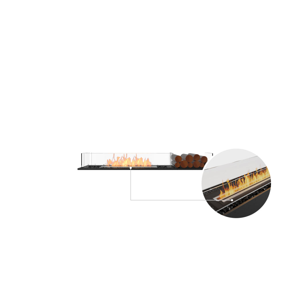 EcoSmart Fire Flex 60 bioethanol fireplace with a glass screen, black base, and decorative logs, featuring a close-up.